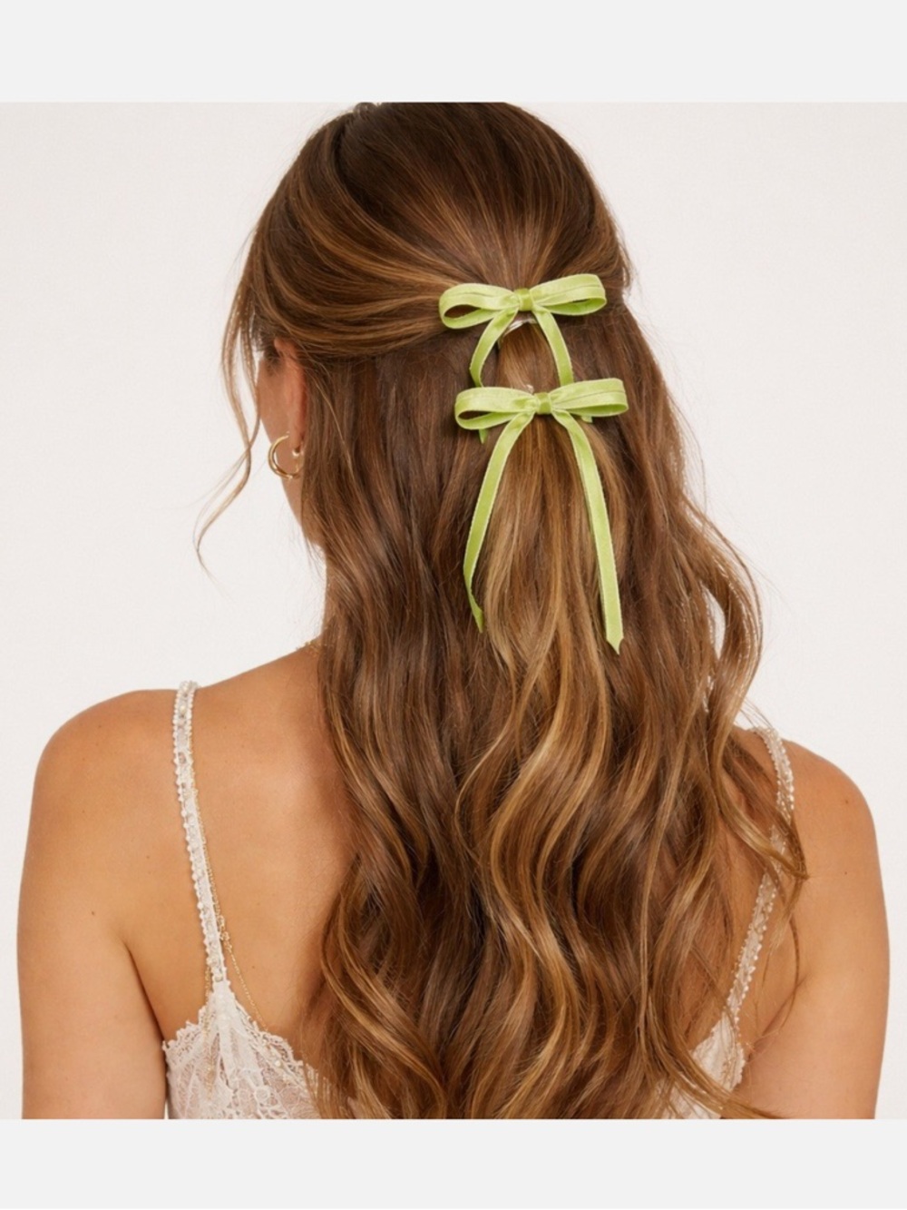 Free People Lime Green Velvet Bow Hair Clips Set of 2 Long Ribbon Streamers NEW